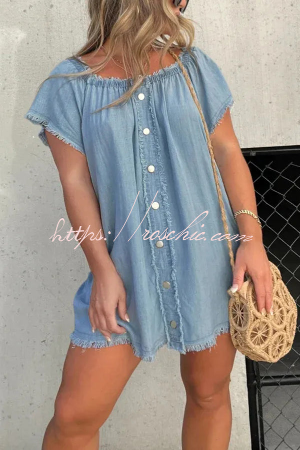 Off-Shoulder Denim Mini Dress – Loose Fit Short Sleeve