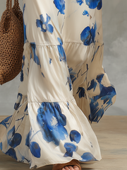 Ivory Floral Halter Maxi Dress – Sleeveless Floor-Length