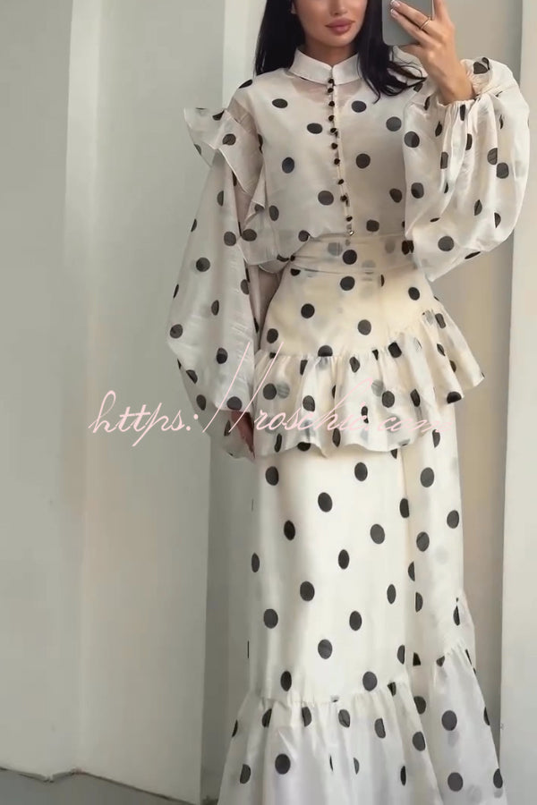 Polka Dot Ruffle Maxi Dress with Stand Collar