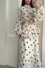 Polka Dot Ruffle Maxi Dress with Stand Collar