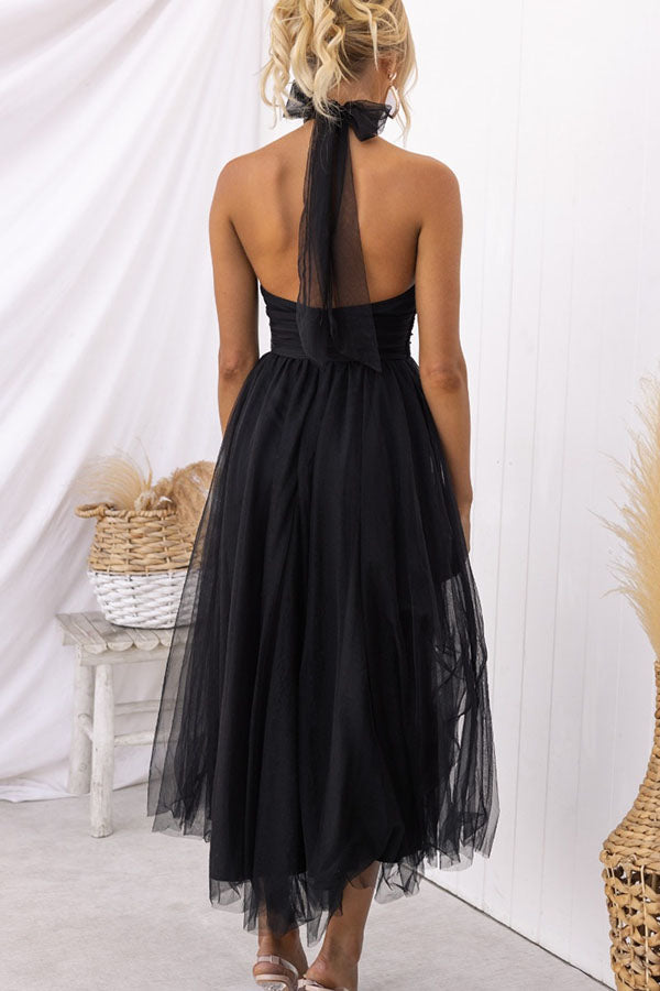 Tulle Halter Maxi Dress with Gathered Detail