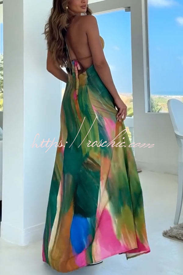 Printed Cutout Back Tie-Up Slit Maxi Dress – Vacation