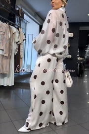 Polka Dot Sheer Balloon Sleeve Shirt & Wide Leg Pants Set