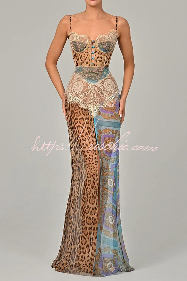 Chiffon Leopard Print Maxi Dress with High Slit