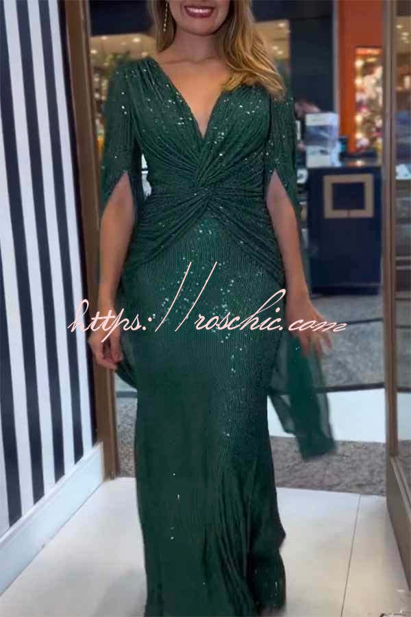 Sequin Cape Sleeve Cross-Waist Evening Maxi Dress