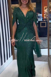 Sequin Cape Sleeve Cross-Waist Evening Maxi Dress