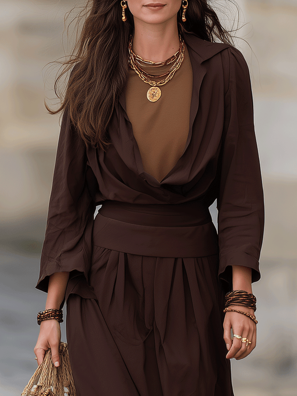 Robe longue bohème superposée en marron cacao profond
