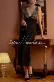 Satin Lace Patchwork Backless Maxi Dress – Slim Fit