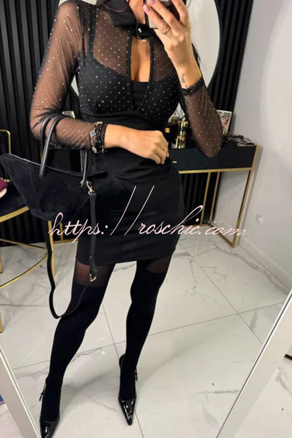 Glitter Mesh Cutout Long Sleeve Stretch Mini Dress