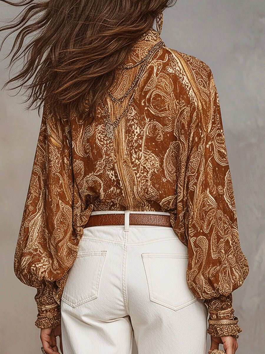 Bohemian Paisley Long Sleeve Blouse with Adjustable Neckline