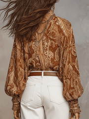 Bohemian Paisley Long Sleeve Blouse with Adjustable Neckline