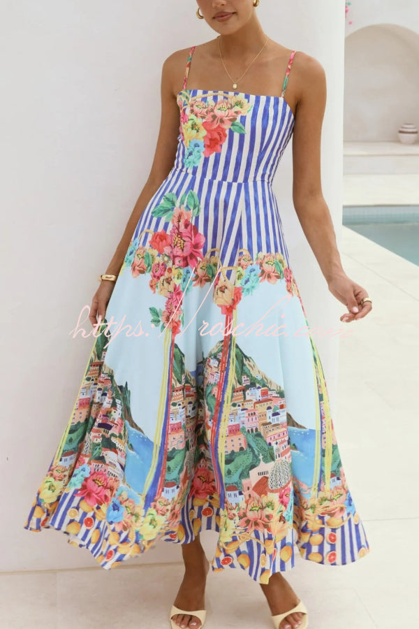 Robe longue imprimée à bretelles fines et col carré