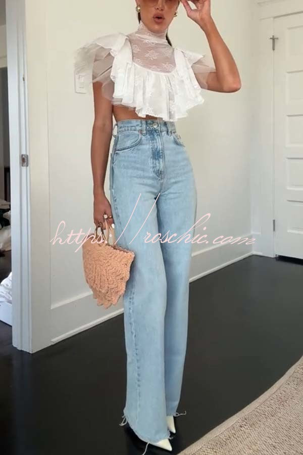 Lace Tulle High Neck Ruffle Cropped Top | Party & Vacation