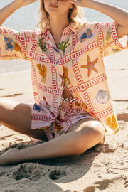 Linen Blend Shell Print Loose Short-Sleeve Shirt & Shorts Set