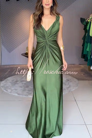 Satin Knot-Strap Sleeveless Maxi Dress with Side Slit