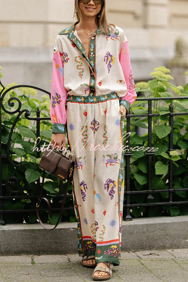 Linen Blend Printed Loose Blouse and Pants Set with Pockets