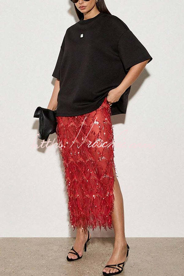 Jupe midi à pampilles en maille à sequins – Style fête et vacances