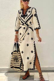 Linen Blend Ethnic Print Belted Midi Dress | Vacation Style