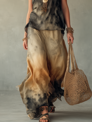 Ink Wash Print Suspender Wide Leg Pants Set