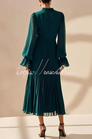 Ruffle Midi Dress Long Sleeve Round Neck Fitted Waist