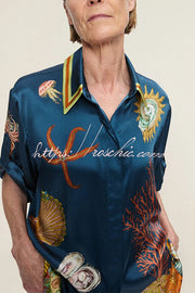 Linen Blend Printed Lapel Short Sleeve Shirt & Wide Leg Pants Set