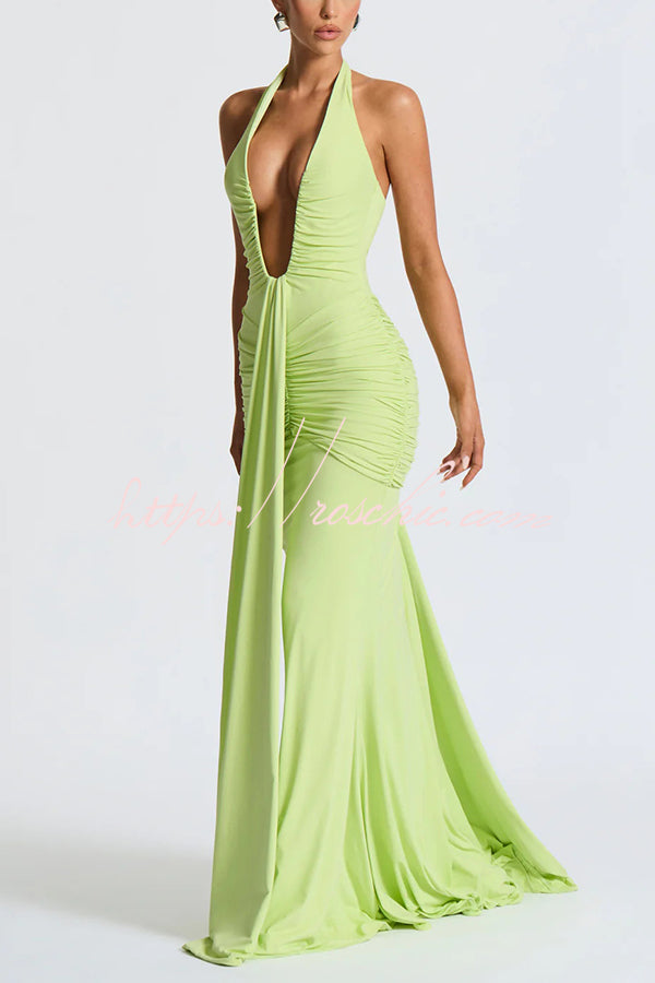 Halter V-Neck Open Back Maxi Dress – Solid Color Slim Fit