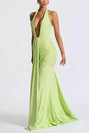 Halter V-Neck Open Back Maxi Dress – Solid Color Slim Fit