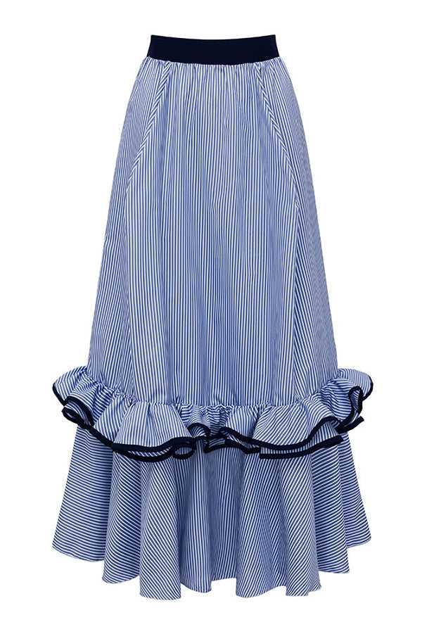 Striped Ruffle Trim Maxi Skirt – Loose Fit Vacation Style