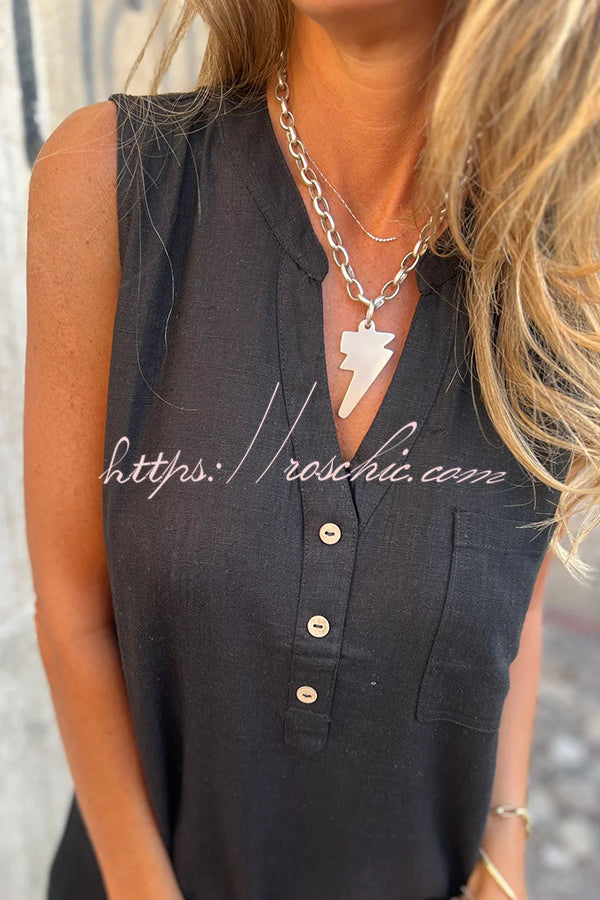 Sleeveless V-Neck Mini Dress with Pockets – Loose Casual Fit
