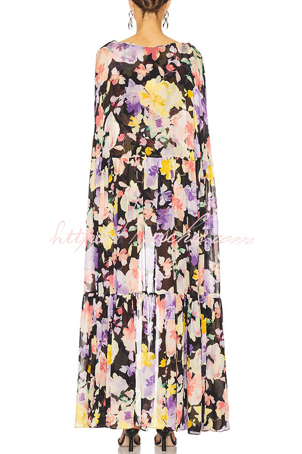 Floral Print High Low Cape Maxi Dress for Party & Vacation