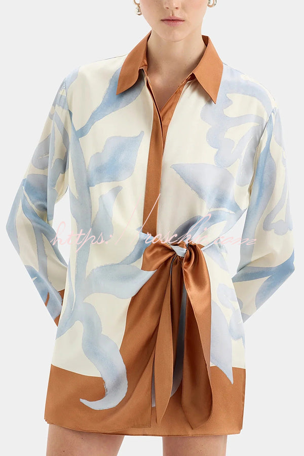 Satin Colorblock Tie-Up Shirt Mini Dress | Long Sleeve
