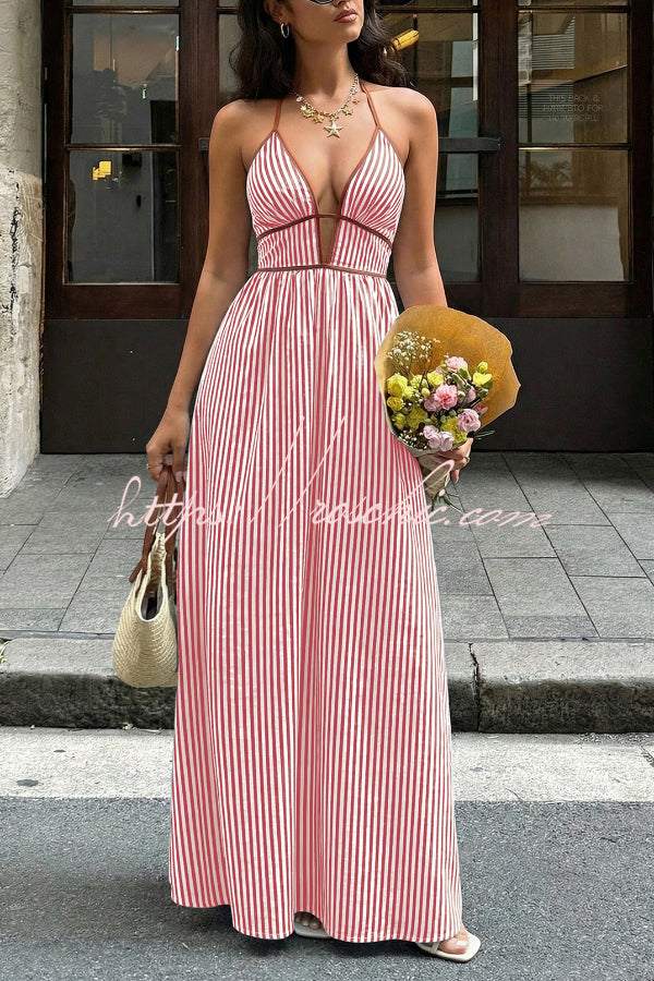 Robe longue rayée, col en V, sans manches, dos nu – Vacances