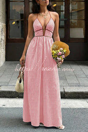 Robe longue rayée, col en V, sans manches, dos nu – Vacances