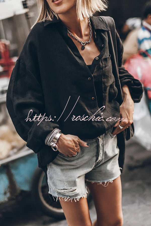 Chemise surdimensionnée à manches longues en mélange de lin avec poches