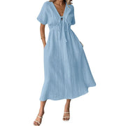 Women's Cotton V-Neck Drawstring Casual Beach Dress with Pockets