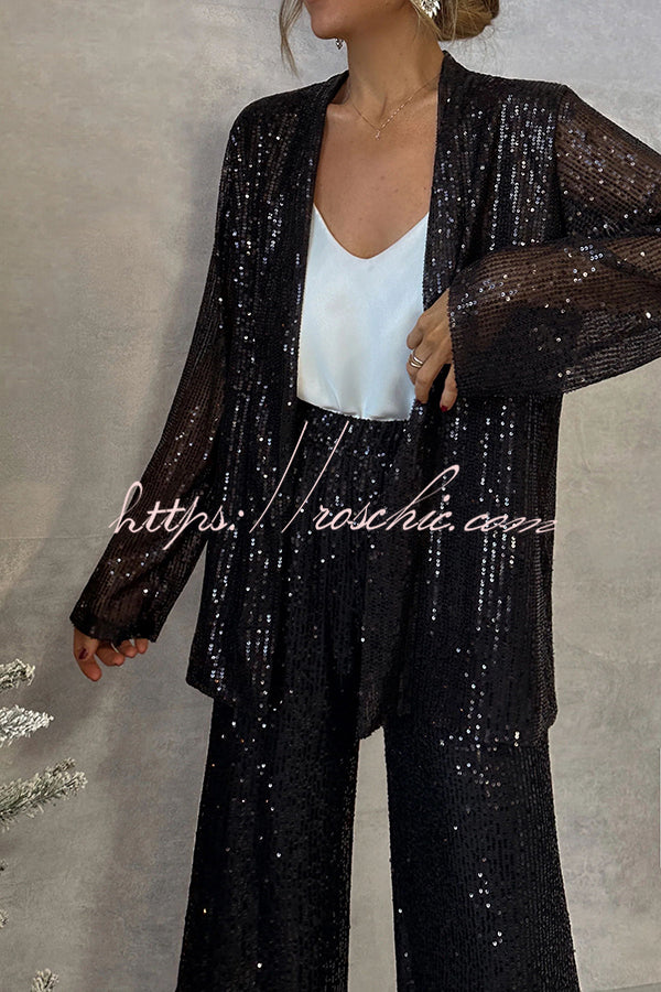 Sequin Open Front Long Sleeve Drape Coat
