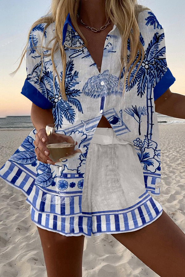 Beach Print Loose Shorts Set with Button & Elastic Waist