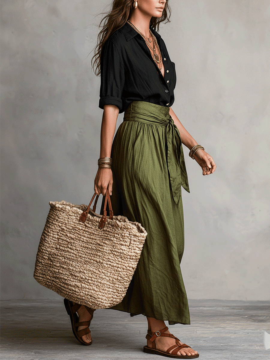 Black Blouse & Olive Satin Midi Skirt Set | Boho Style
