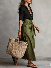 Black Blouse & Olive Satin Midi Skirt Set | Boho Style