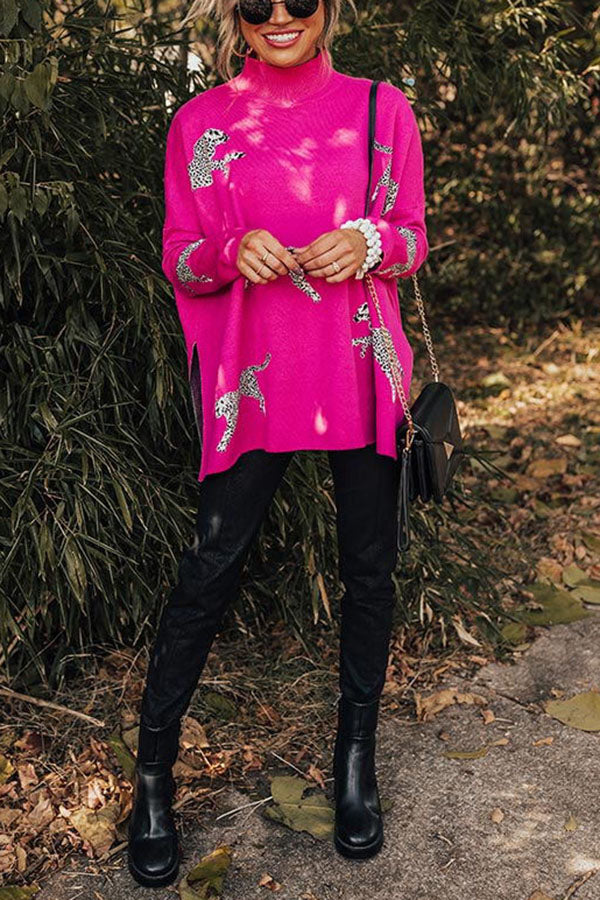 Leopard Print High Neck Relaxed Sweatshirt with Side Slit