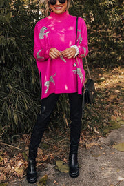 Leopard Print High Neck Relaxed Sweatshirt with Side Slit